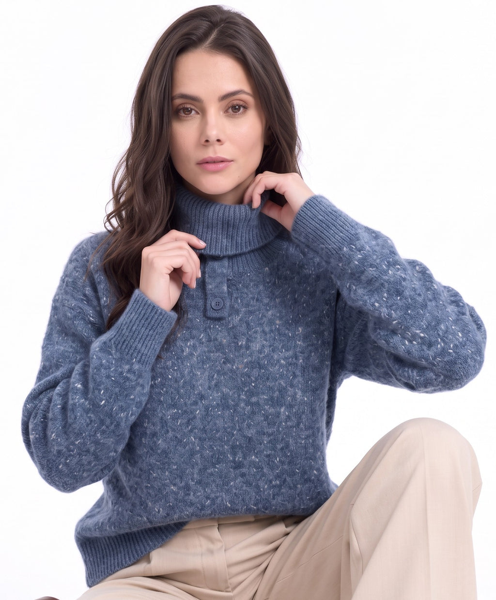 Turtleneck sweater with button placket at the front, long sleeves, 4-ply – Blue Jeans – C&Jo