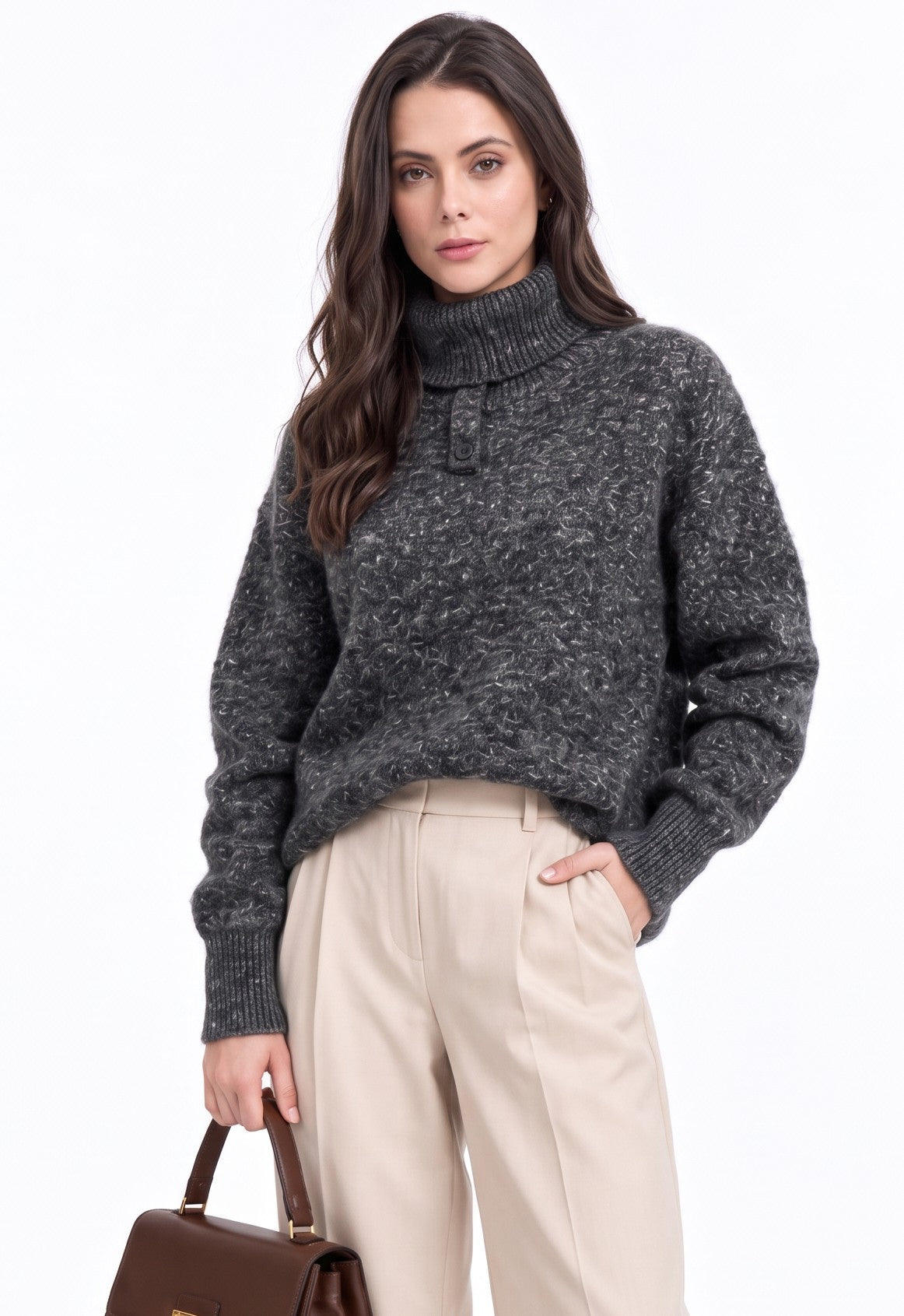 Pull col roulé patte boutonnée – Gris foncé – C&Jo