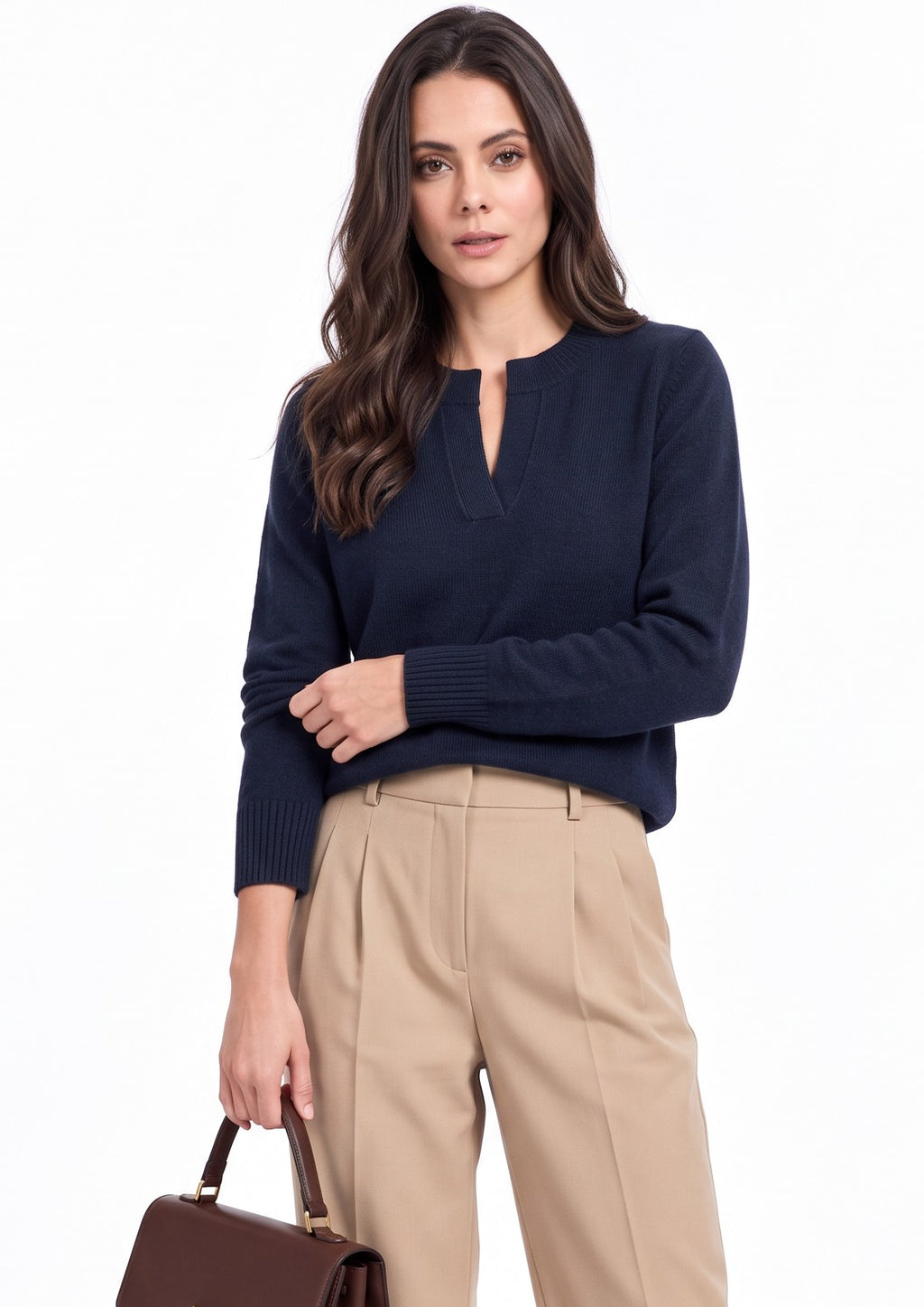 Henley neck sweater, long sleeves, straight cut, 2-ply – Night blue – C&Jo