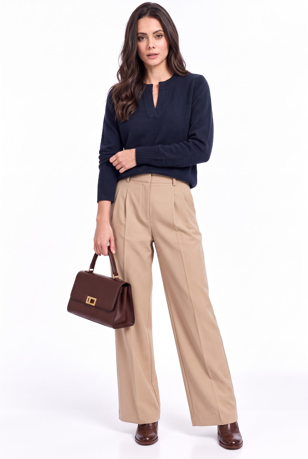 Henley neck sweater, long sleeves, straight cut, 2-ply – Night blue – C&Jo