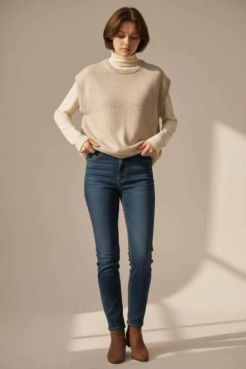 Pull sans manches col rond 4 fils – Crème – C&Jo