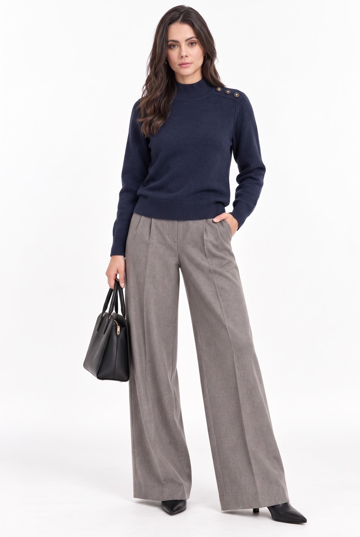 Pull col montant boutons épaule – Bleu nuit – C&Jo