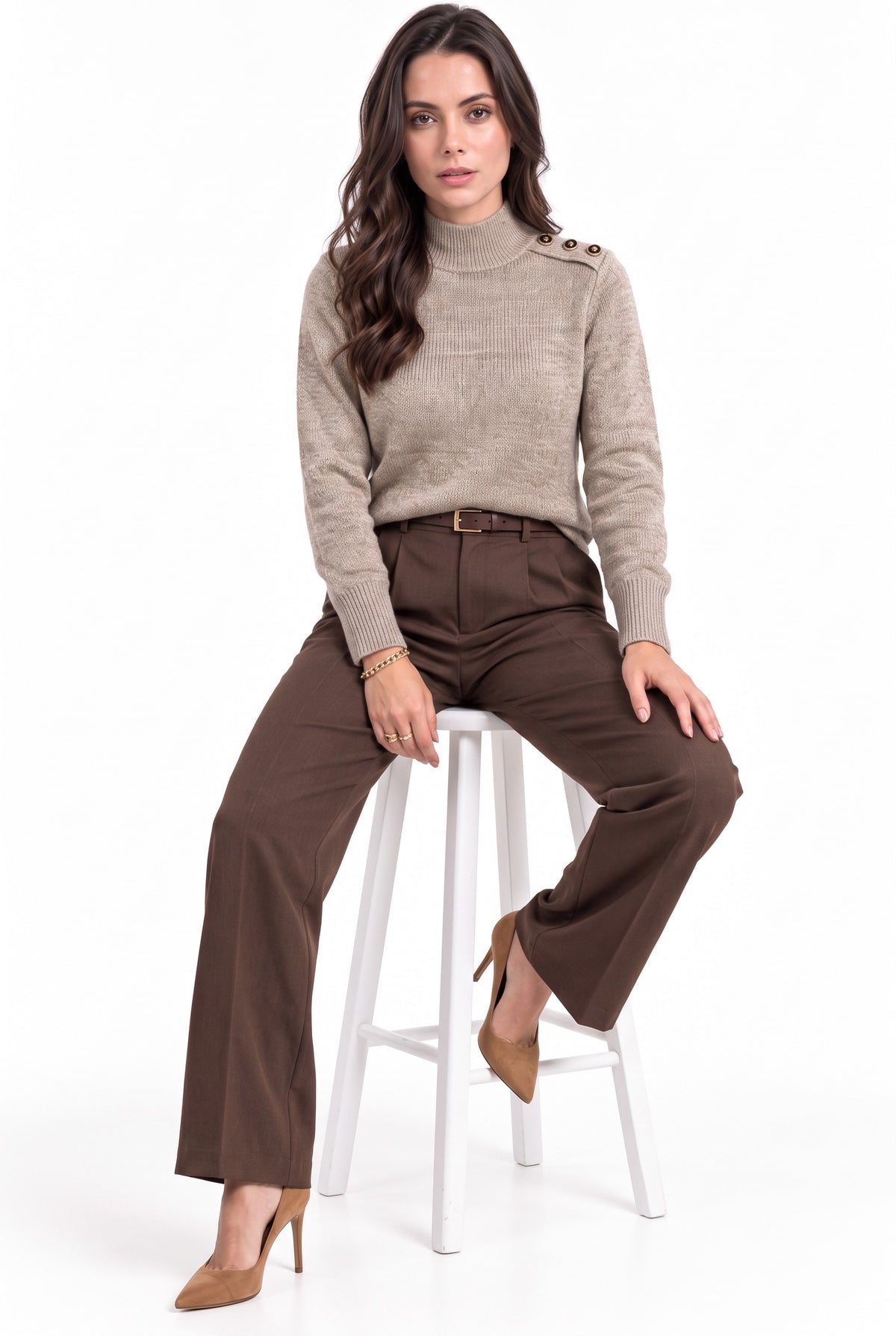 Pull col montant boutons épaule – Désert – C&Jo