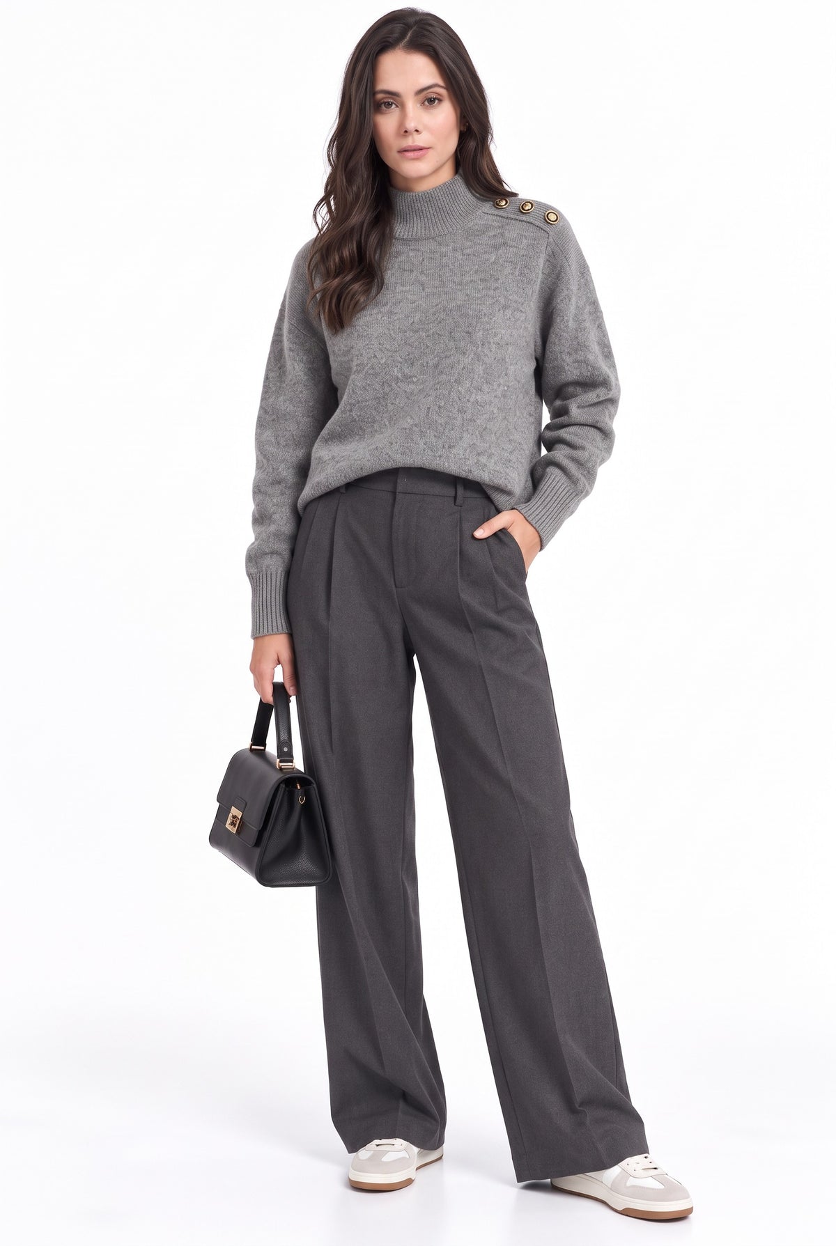 Pull col montant boutons épaule – Gris – C&Jo