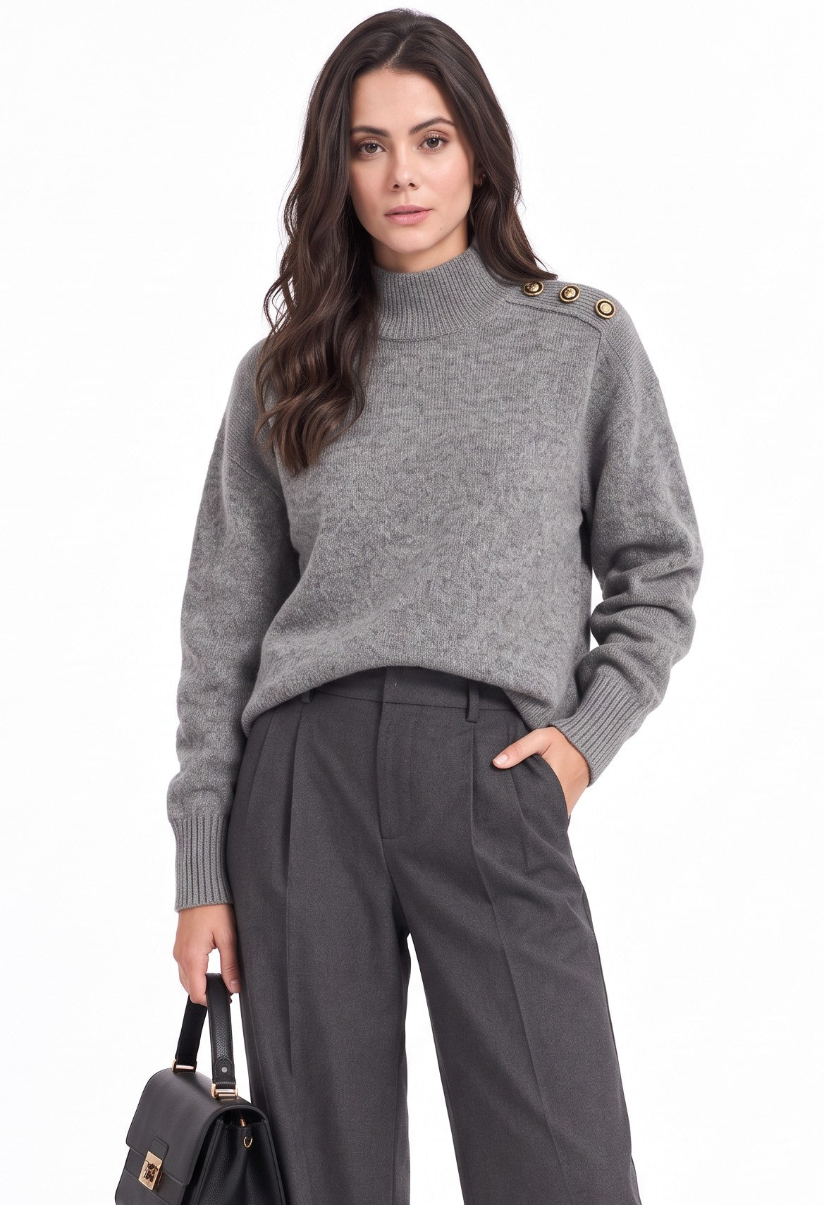 Pull col montant boutons épaule – Gris – C&Jo