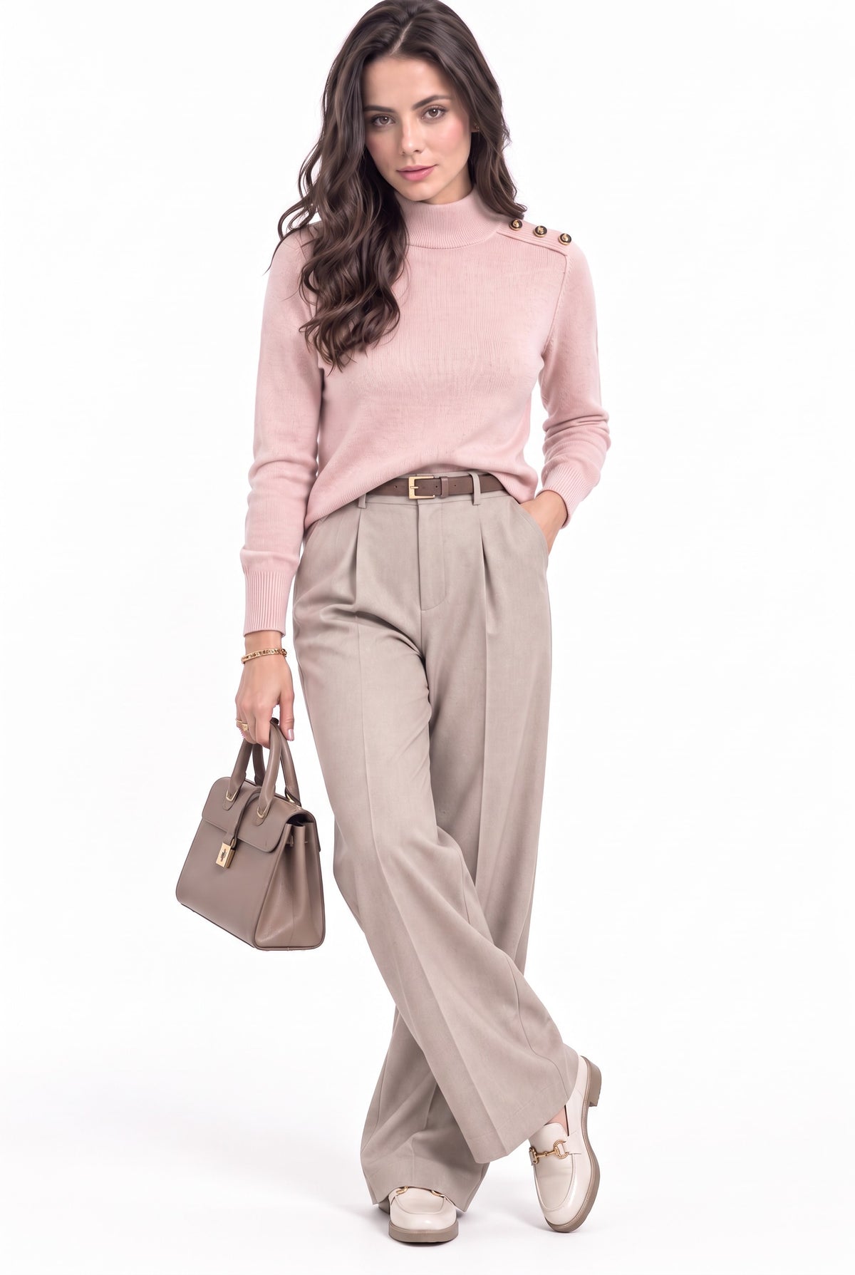 Pull col montant boutons épaule – Vieux rose – C&Jo