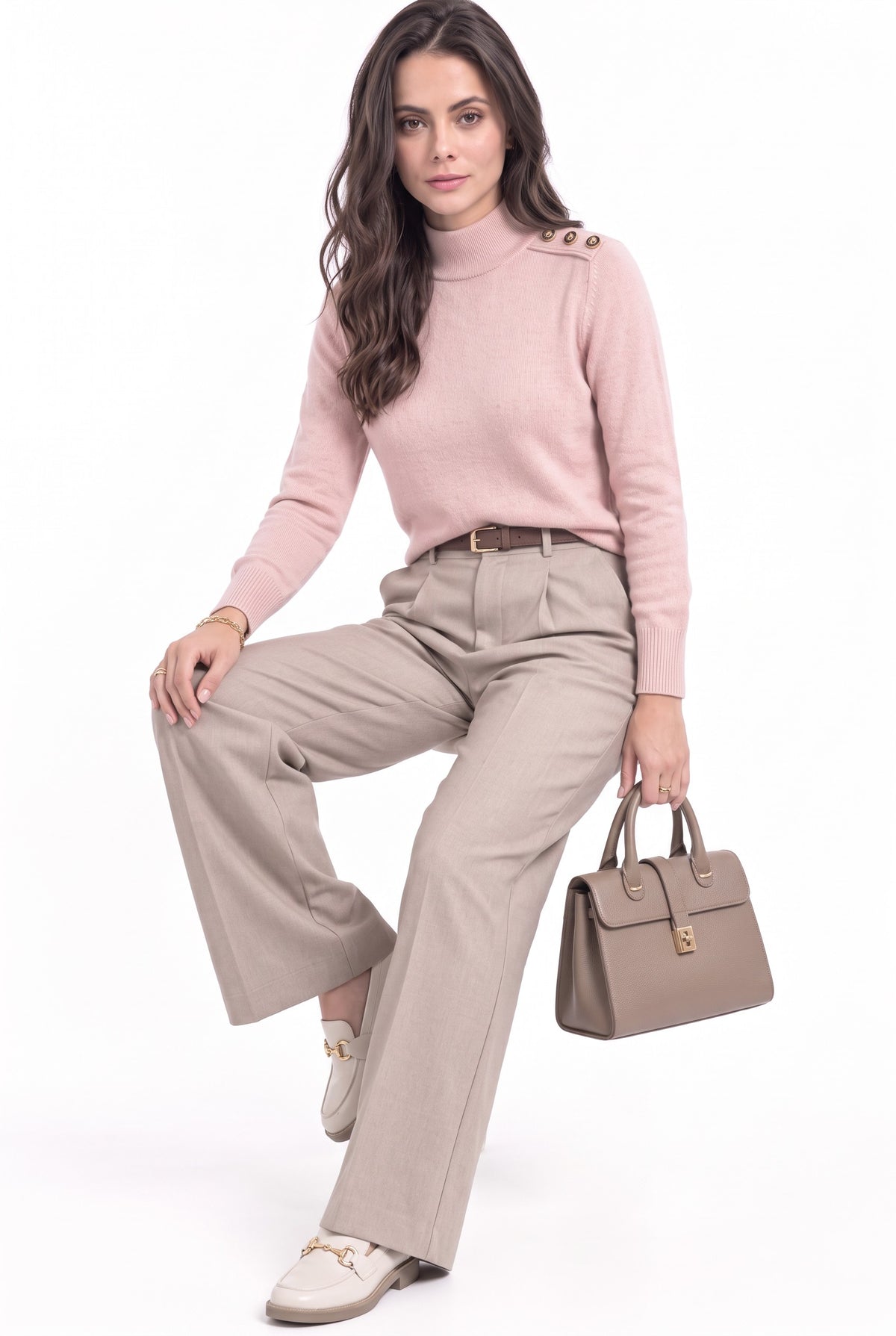 Pull col montant boutons épaule – Vieux rose – C&Jo