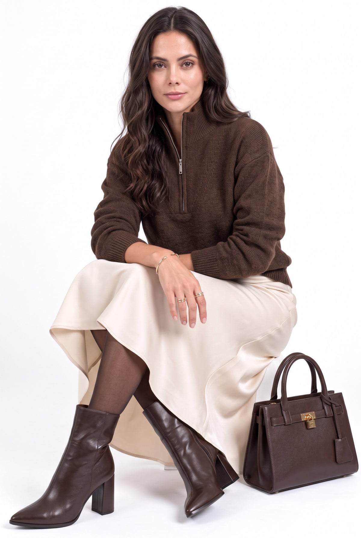 Long-sleeved, 4-ply zip-up trucker-neck sweater – Coffee – C&Jo