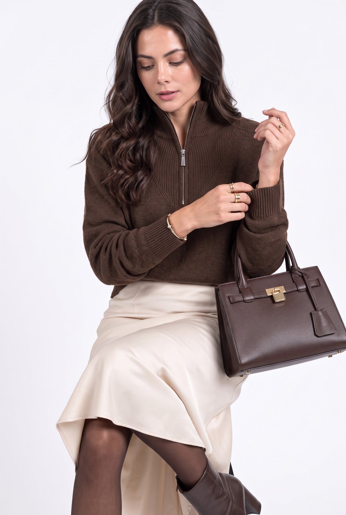 Pull col camionneur zippé 4 fils – Café – C&Jo