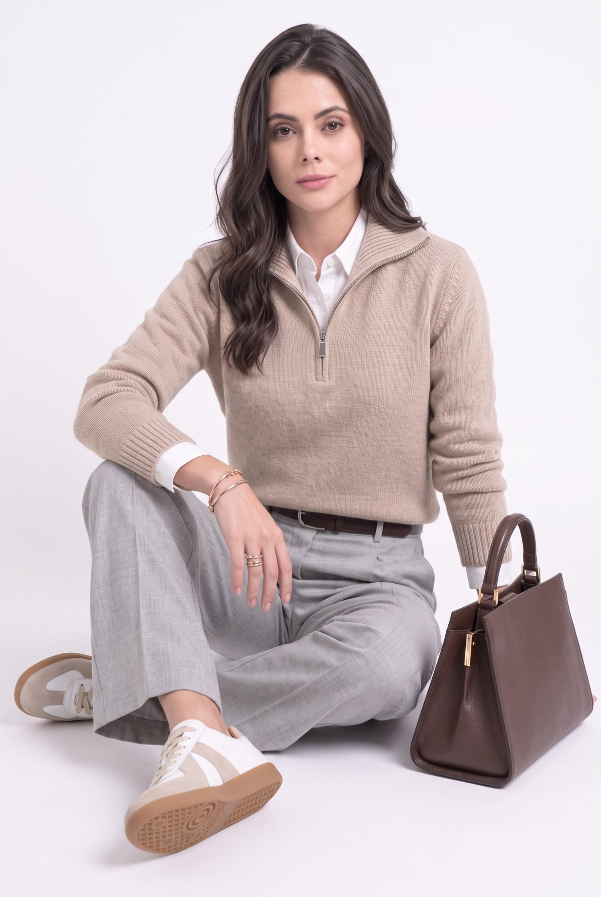 Pull col camionneur zippé 4 fils – Crème – C&Jo
