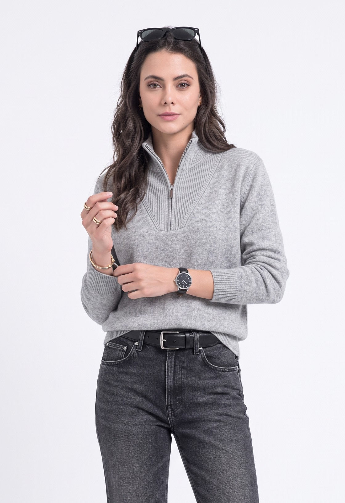 Pull col camionneur zippé 4 fils – Gris – C&Jo