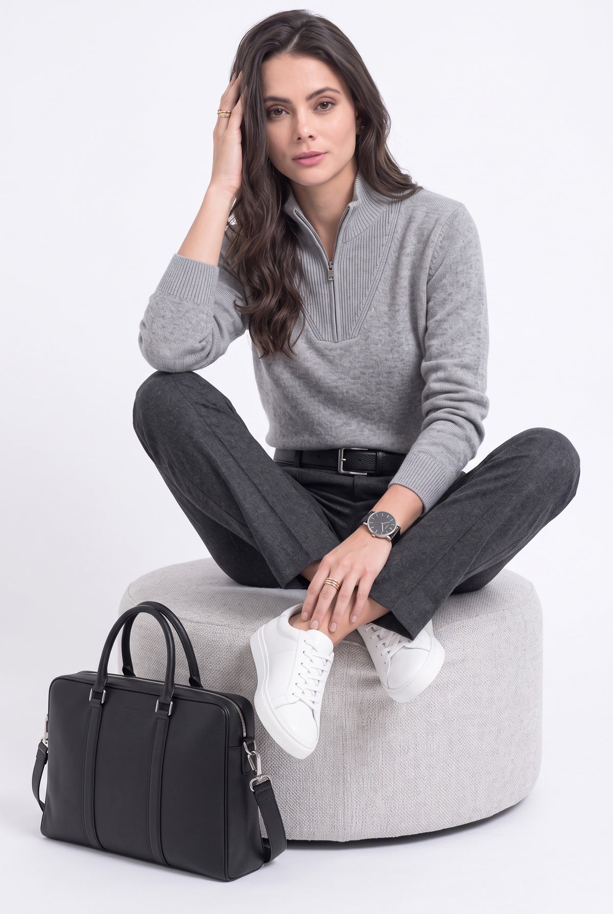 Pull col camionneur zippé 4 fils – Gris – C&Jo