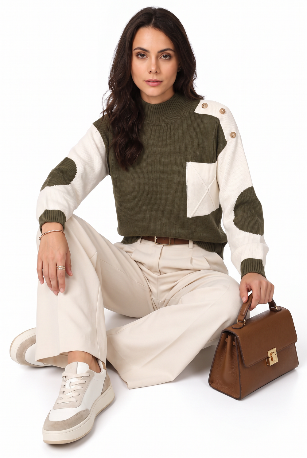 Pull col montant bicolore 2 fils – Kaki – C&Jo