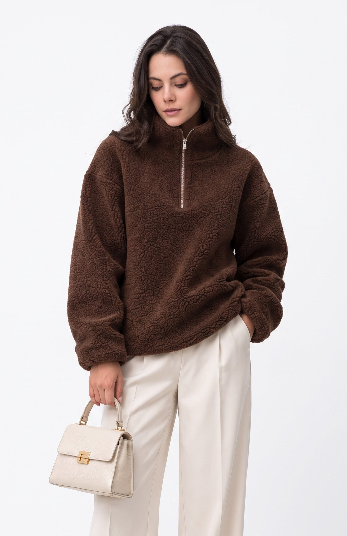 Long-sleeved zip-up turtleneck sherpa knit sweater – Coffee – C&Jo