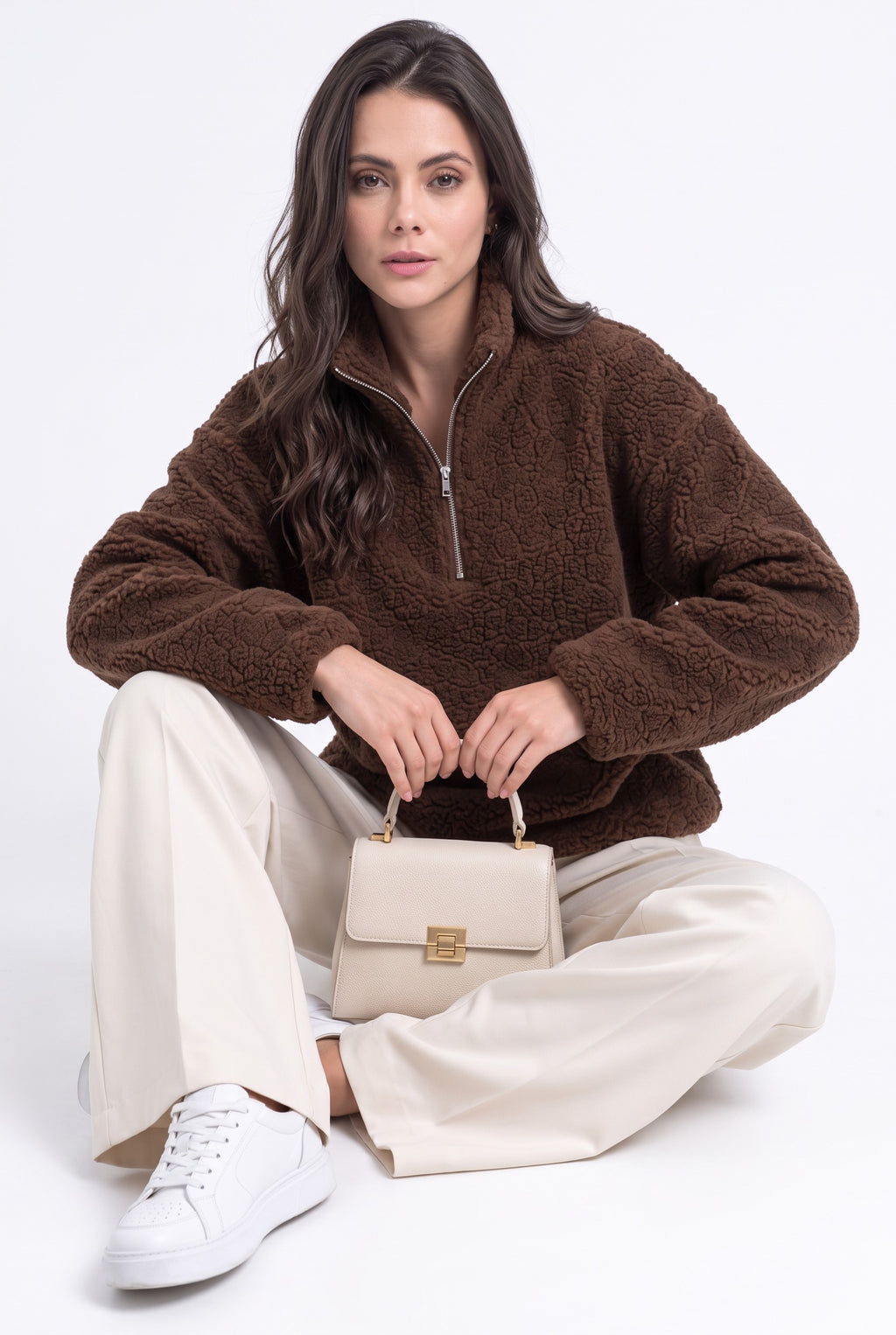 Long-sleeved zip-up turtleneck sherpa knit sweater – Coffee – C&Jo