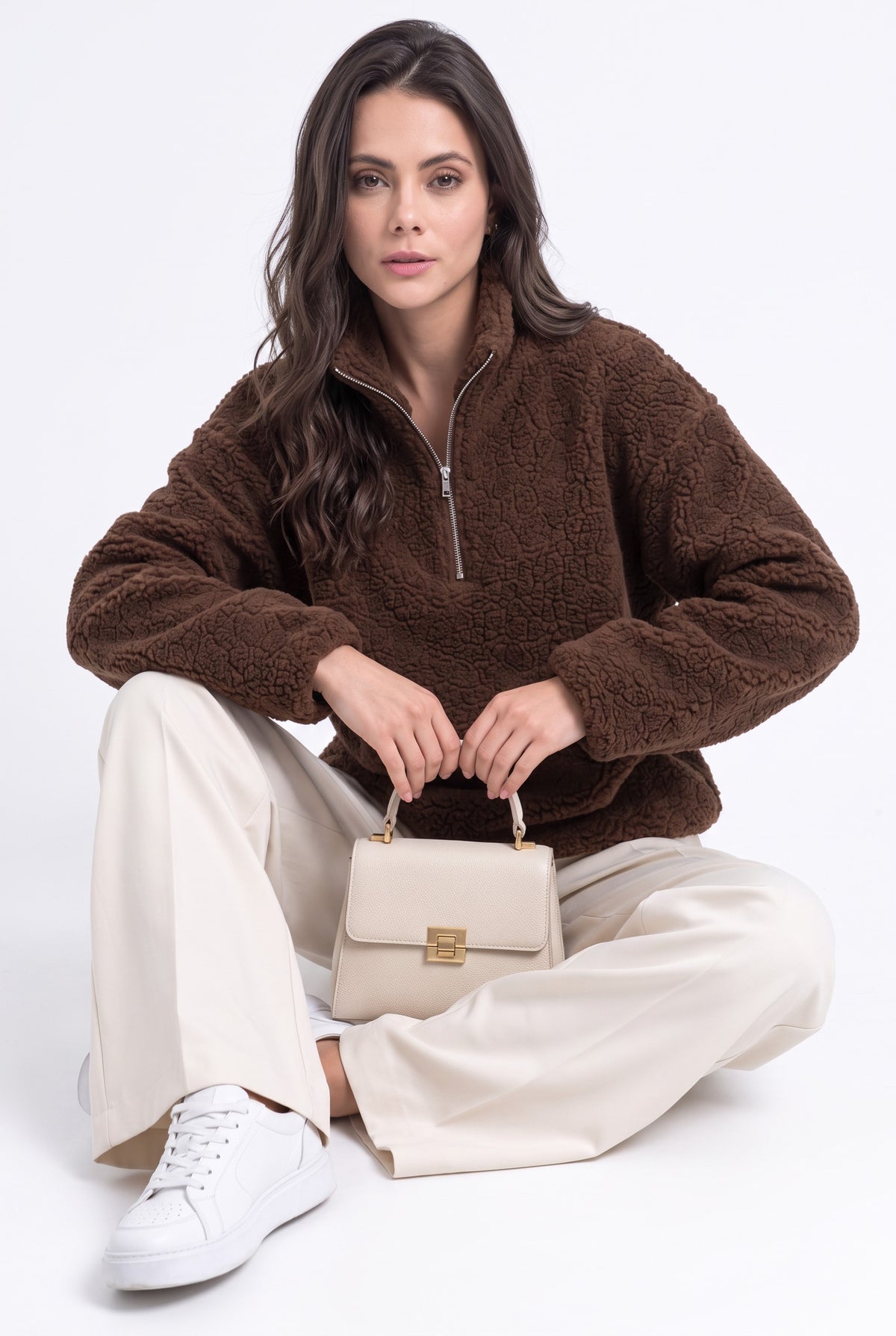 Long-sleeved zip-up turtleneck sherpa knit sweater – Coffee – C&Jo