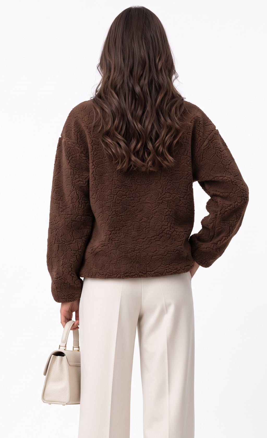 Long-sleeved zip-up turtleneck sherpa knit sweater – Coffee – C&Jo