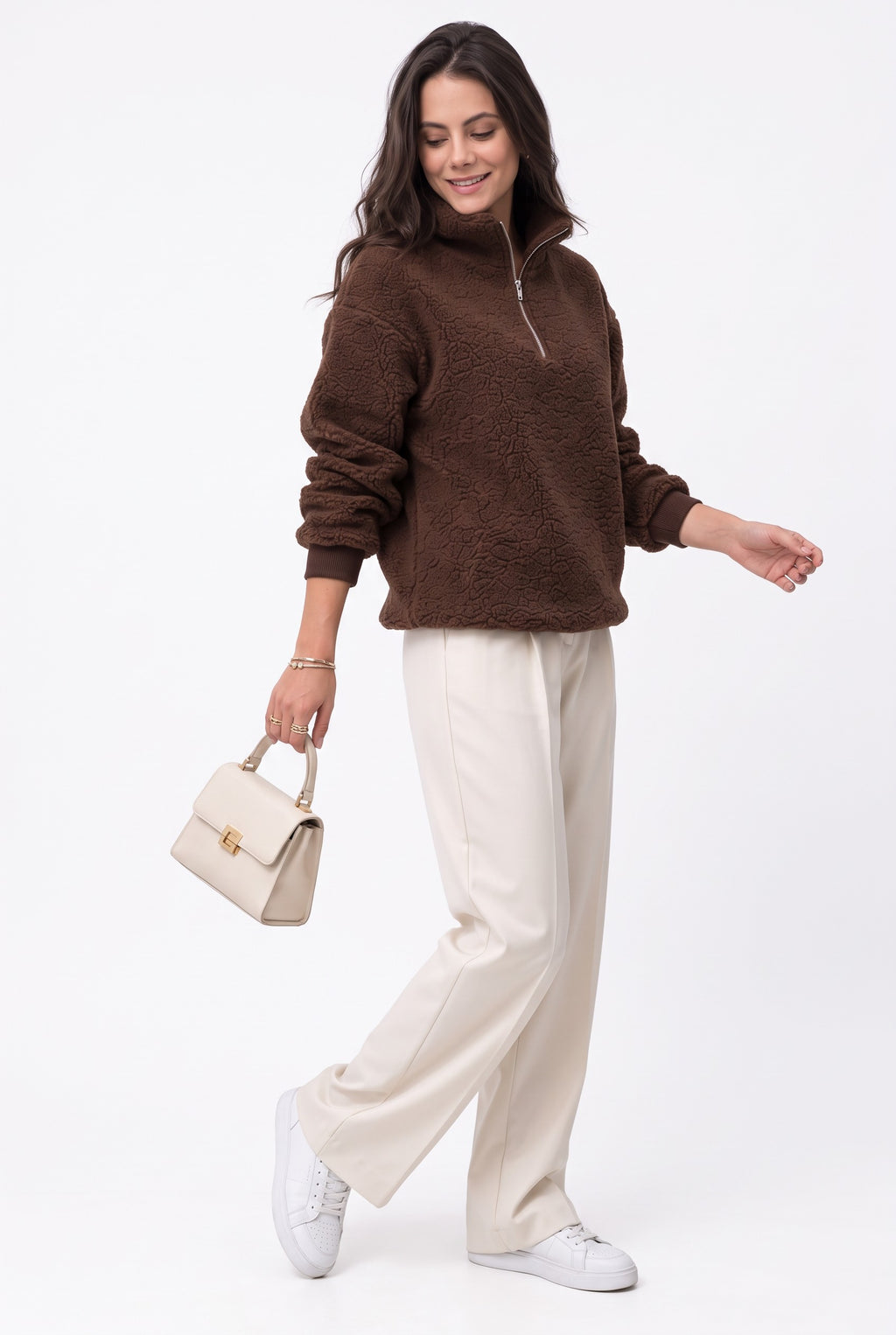 Long-sleeved zip-up turtleneck sherpa knit sweater – Coffee – C&Jo