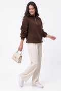Long-sleeved zip-up turtleneck sherpa knit sweater – Coffee – C&Jo