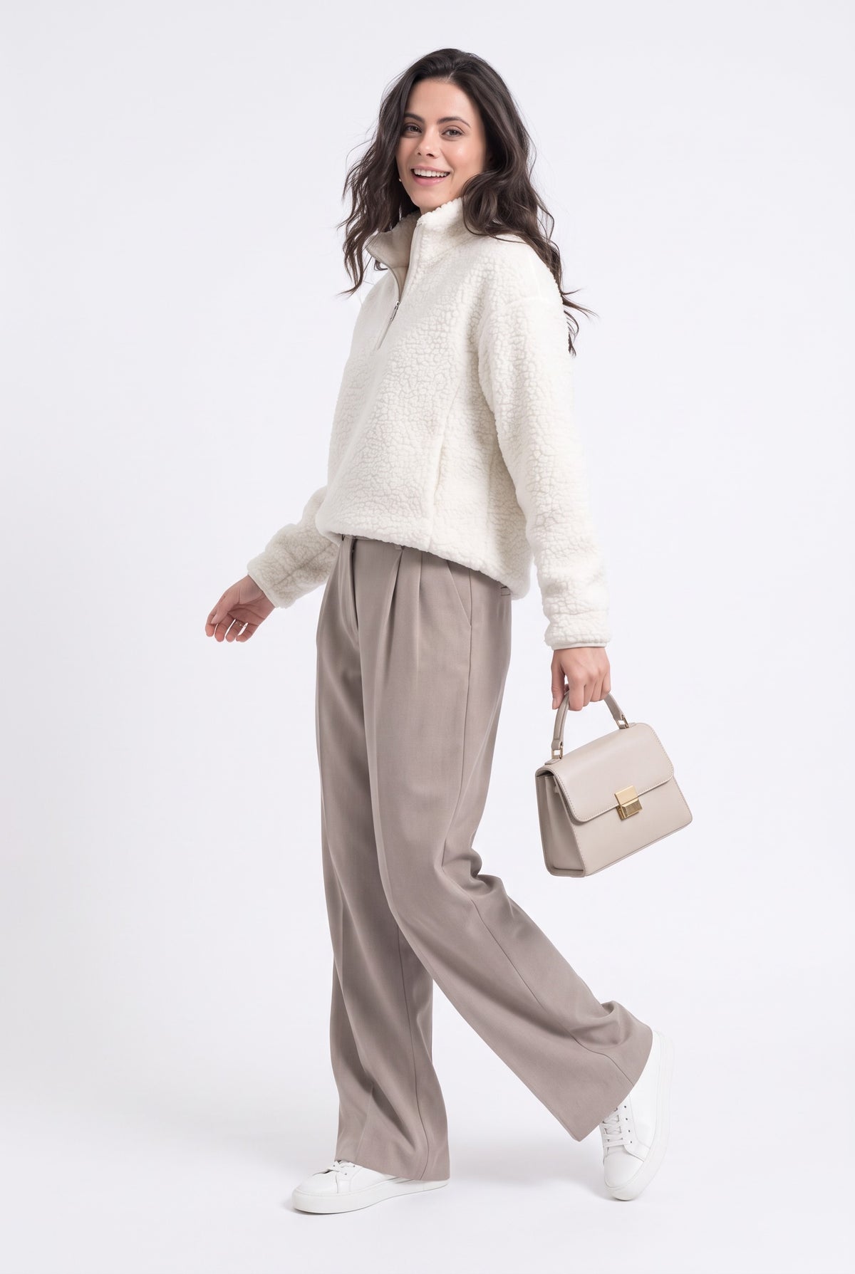 Pull col montant zippé sherpa – Blanc cassé – C&Jo
