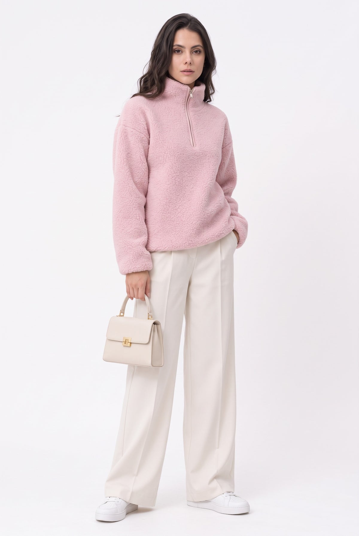 Pull col montant zippé sherpa – Rose – C&Jo