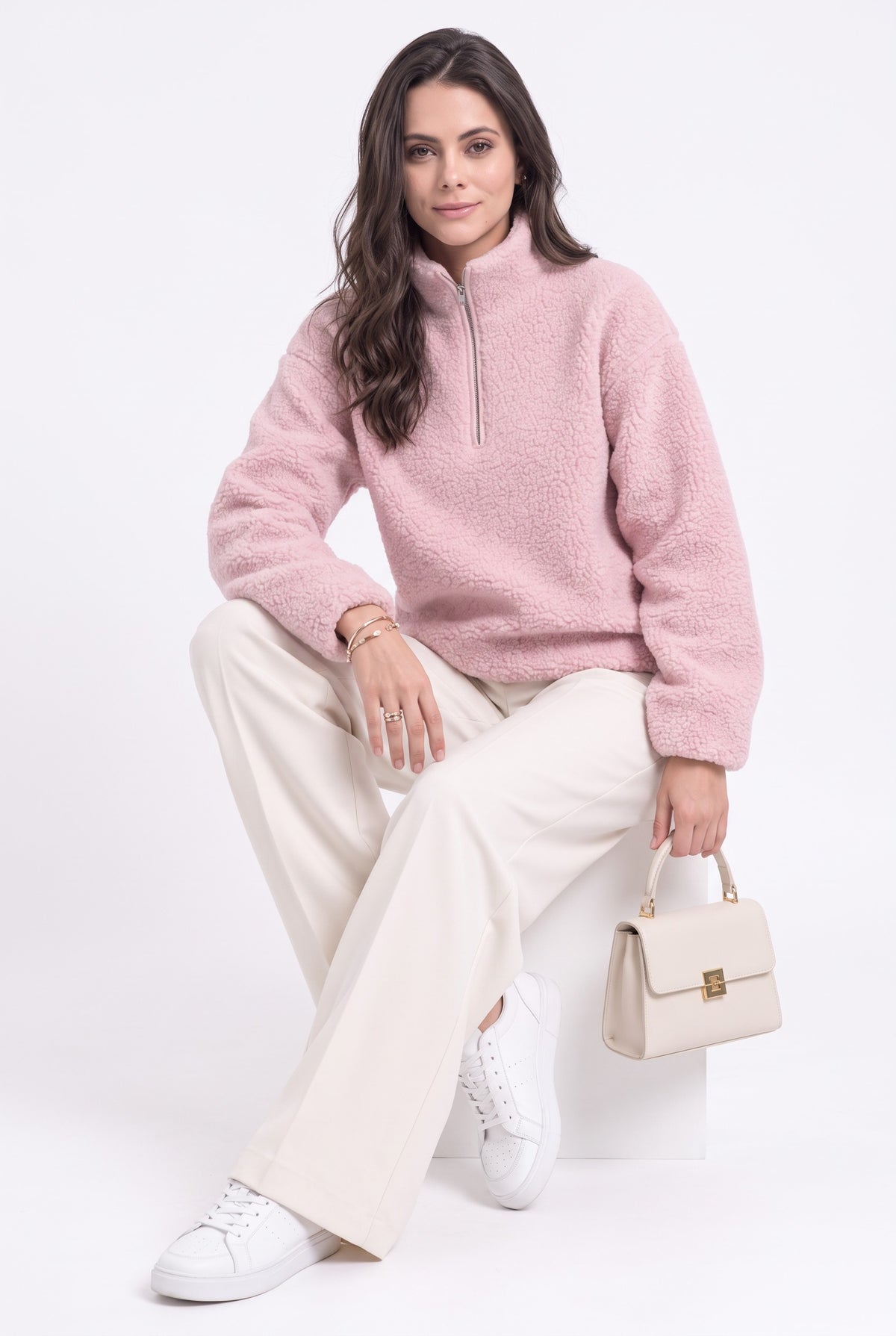 Pull col montant zippé sherpa – Rose – C&Jo