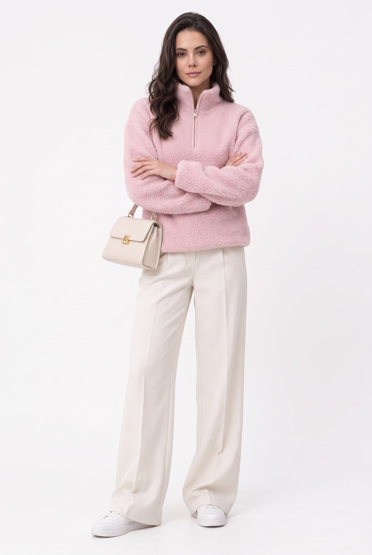 Pull col montant zippé sherpa – Rose – C&Jo