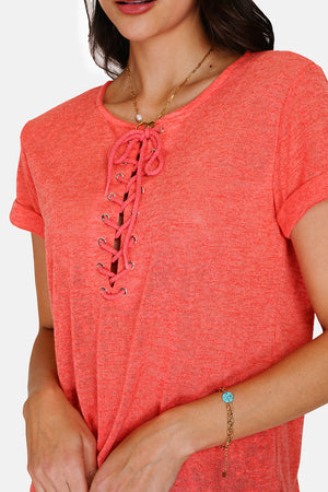 Short-sleeved lace-up front round neck T-shirt