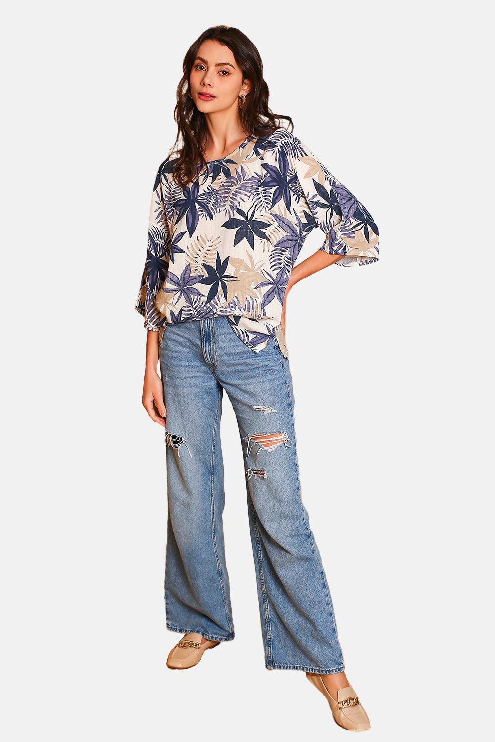 Oversized printed pure linen top