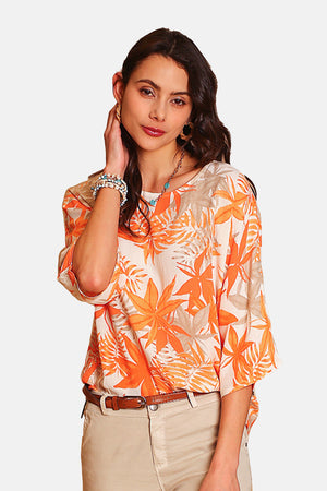 Oversized printed pure linen top