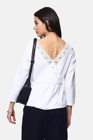 V-neck lace back top with 3/4 sleeves