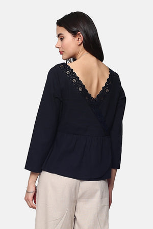 V-neck lace back top with 3/4 sleeves