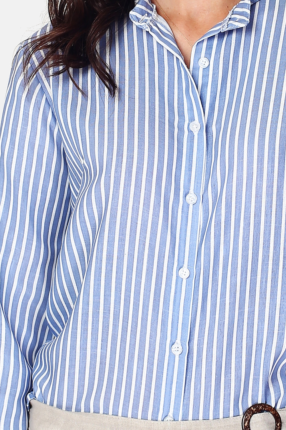 Long-sleeved striped mandarin collar shirt