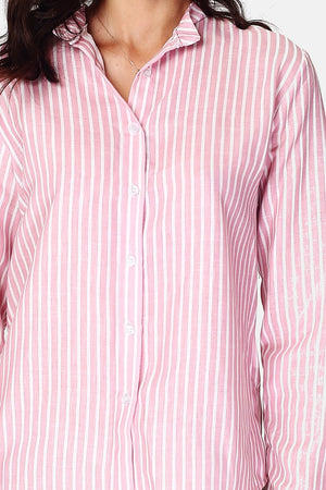 Long-sleeved striped mandarin collar shirt