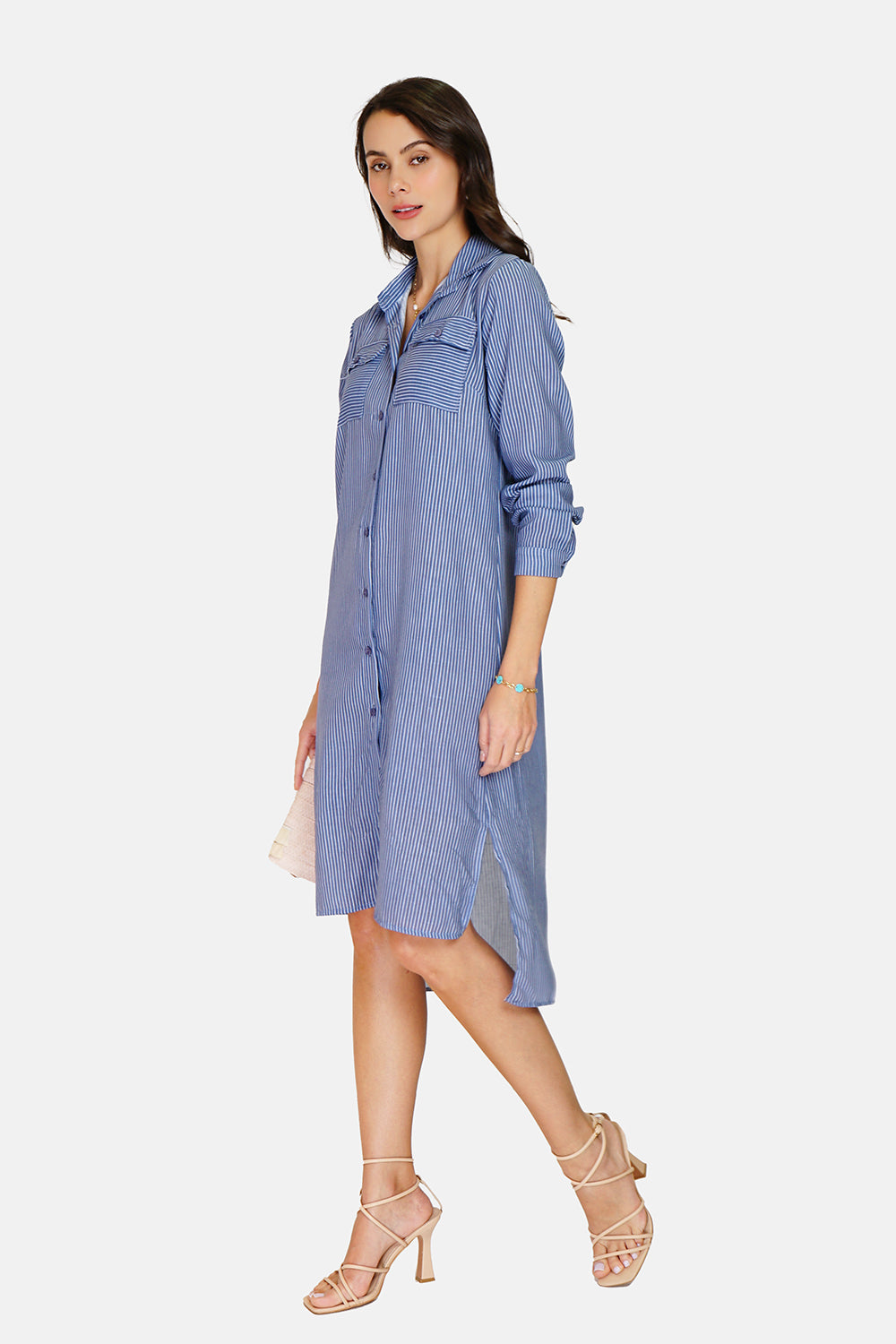 Long striped shirt dress with front pockets