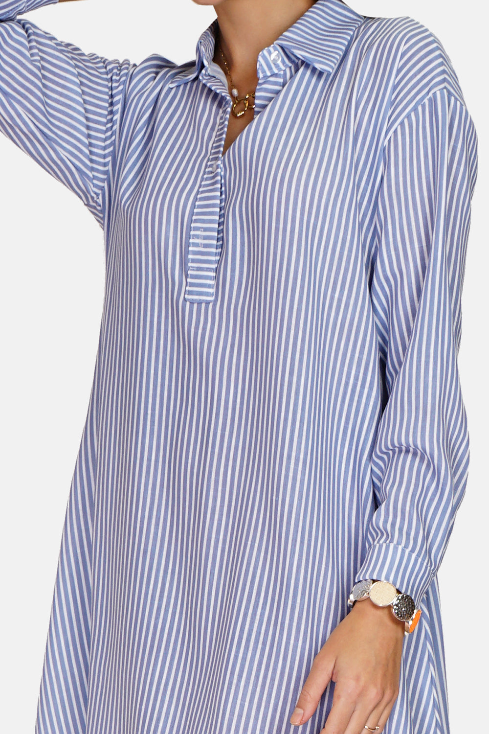 Long flared striped shirt dress, button front