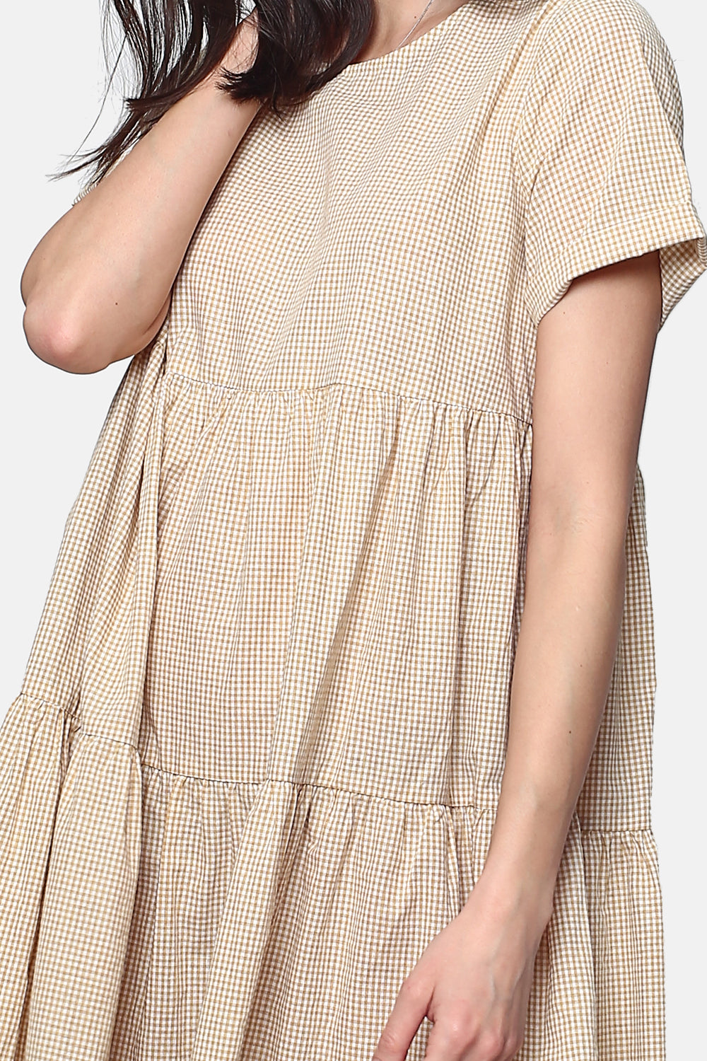 Babydoll cut gingham dress, closed back with mother-of-pearl buttons, short sleeves