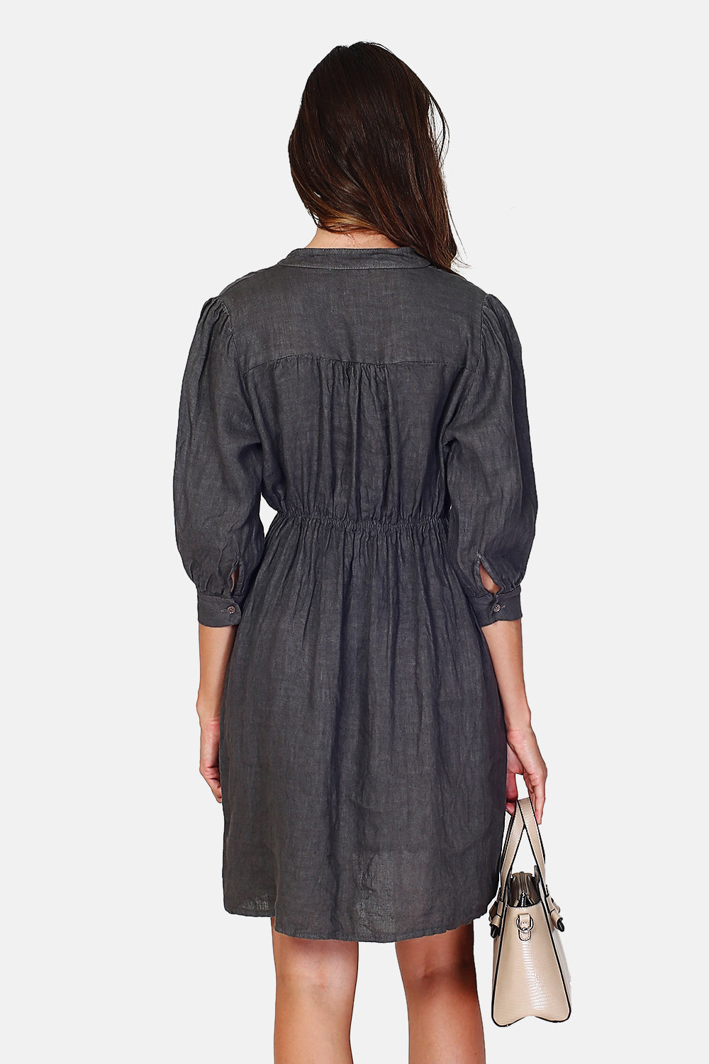 Mao collar dress buttoned in front of side pockets with babydoll maches