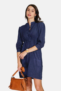 Mao collar dress buttoned in front of side pockets with babydoll maches