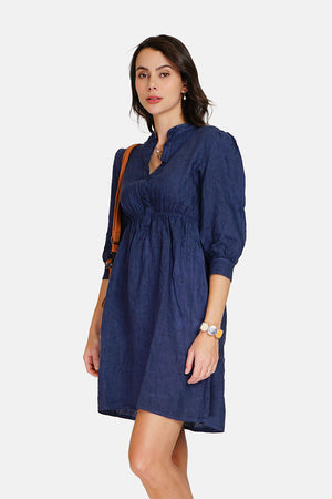 Mao collar dress buttoned in front of side pockets with babydoll maches