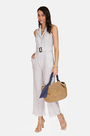 Belt striped jumpsuit with vintage buckle sleeveless side pockets