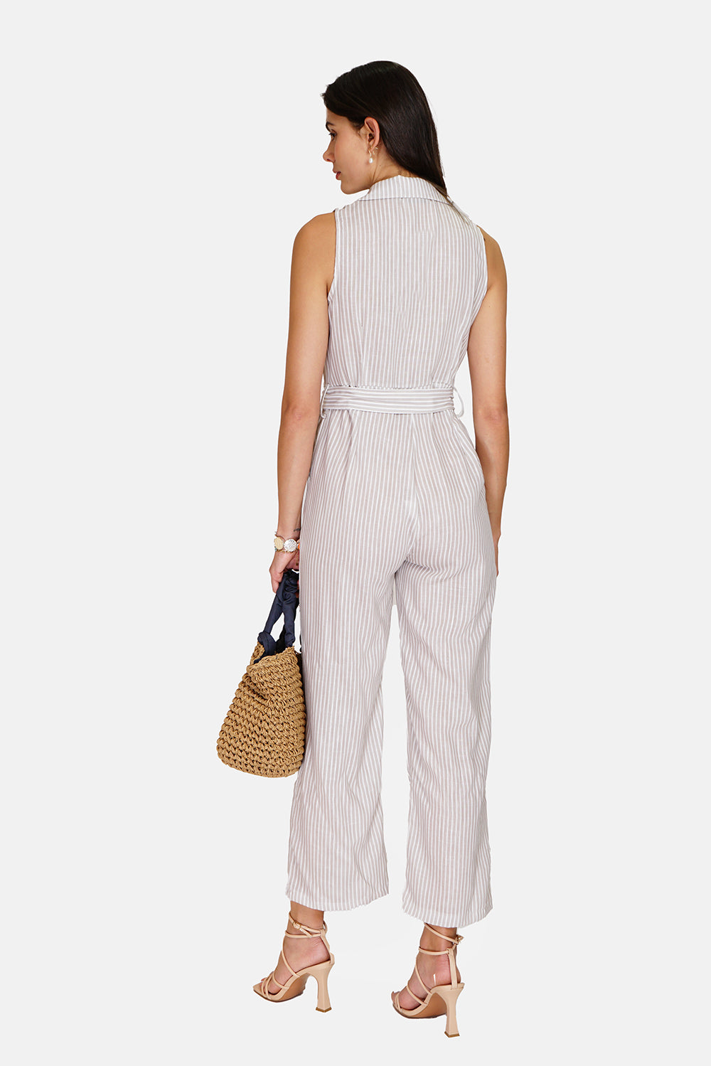 Belt striped jumpsuit with vintage buckle sleeveless side pockets