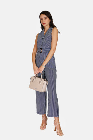 Belt striped jumpsuit with vintage buckle sleeveless side pockets