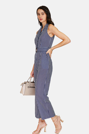 Belt striped jumpsuit with vintage buckle sleeveless side pockets