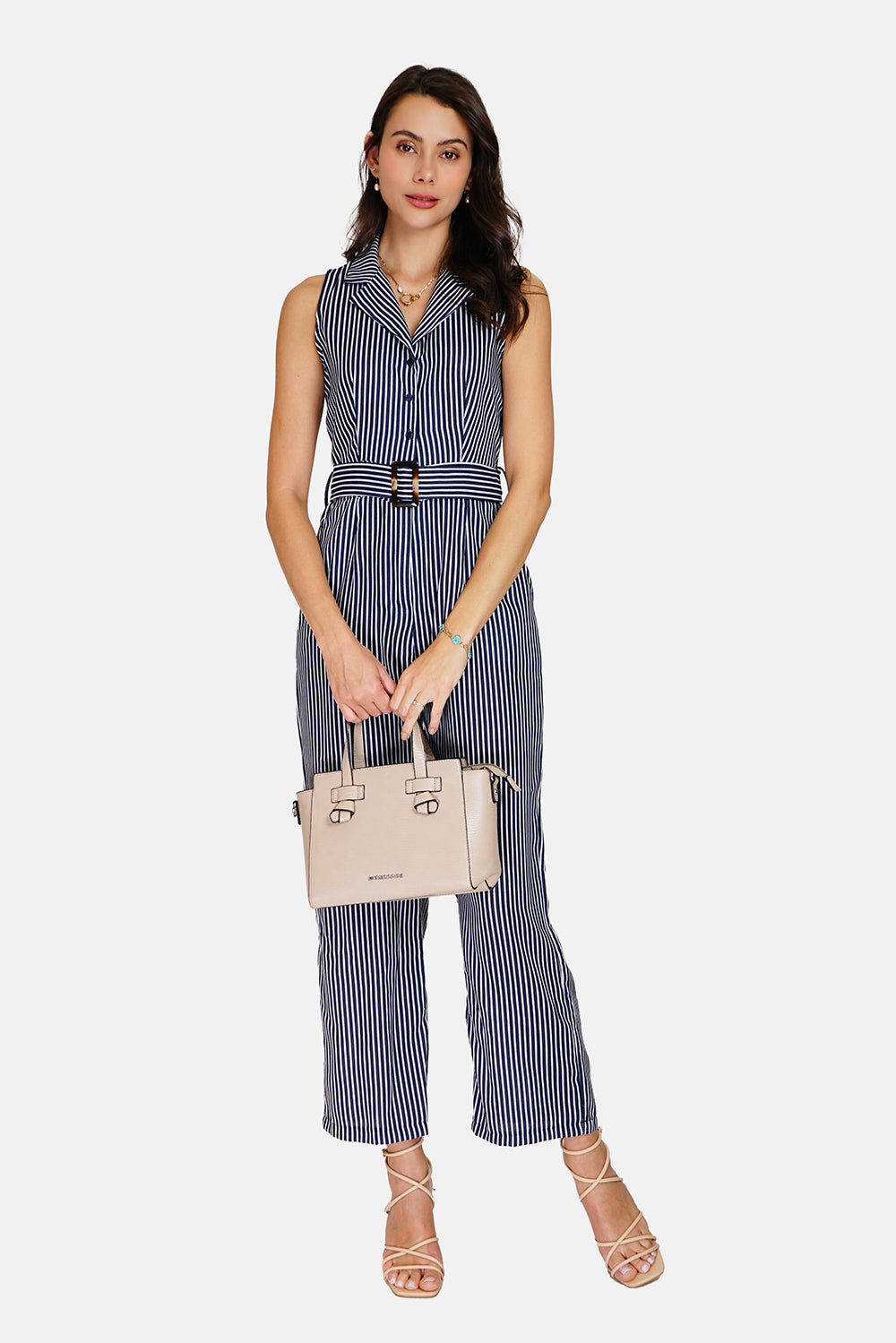 Belt striped jumpsuit with vintage buckle sleeveless side pockets