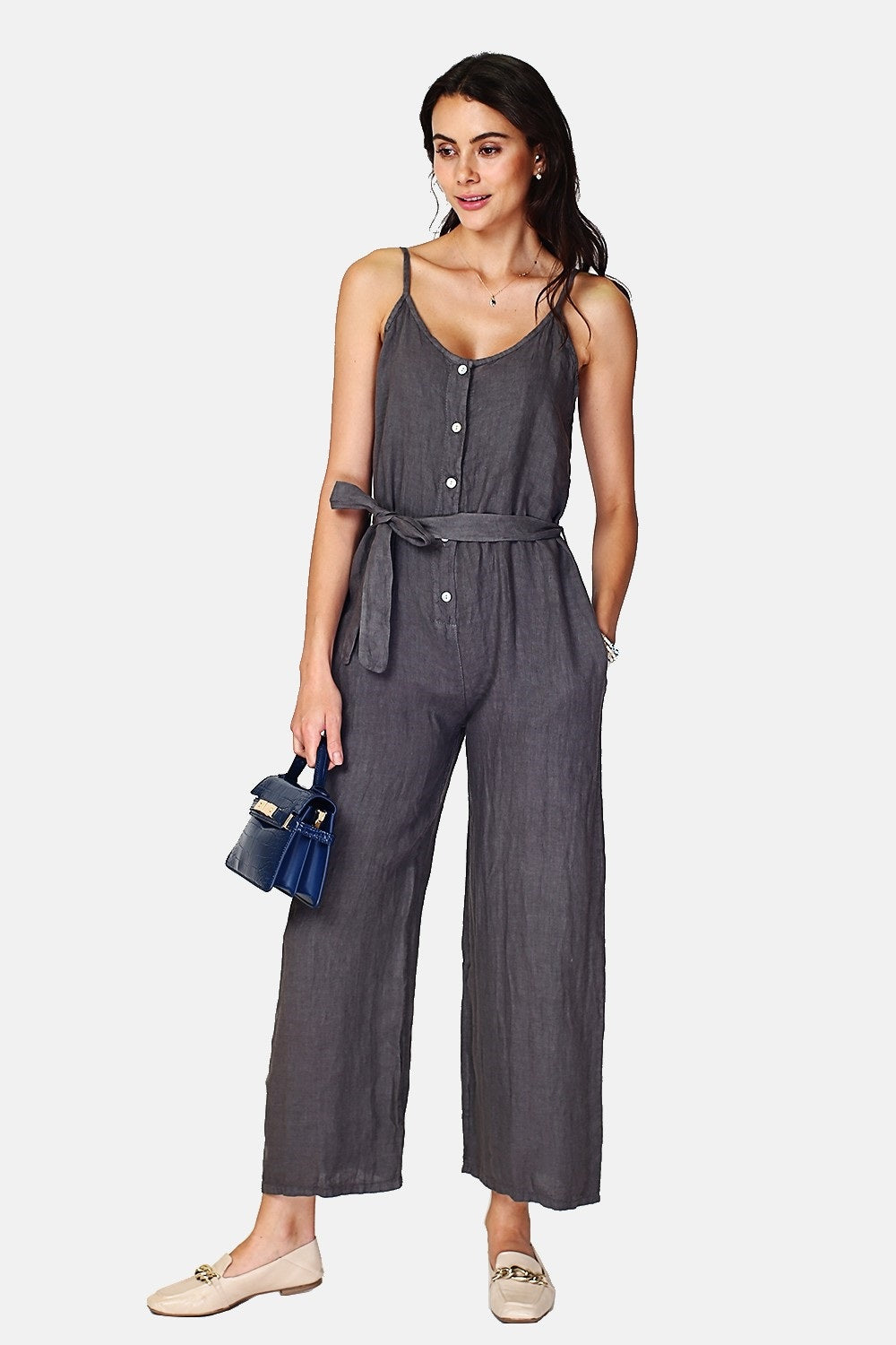 Front buttoned dungarees with belt and side pockets