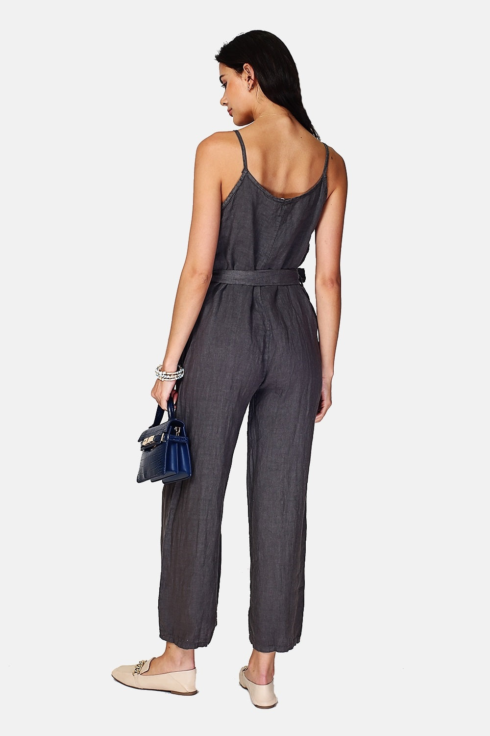 Front buttoned dungarees with belt and side pockets