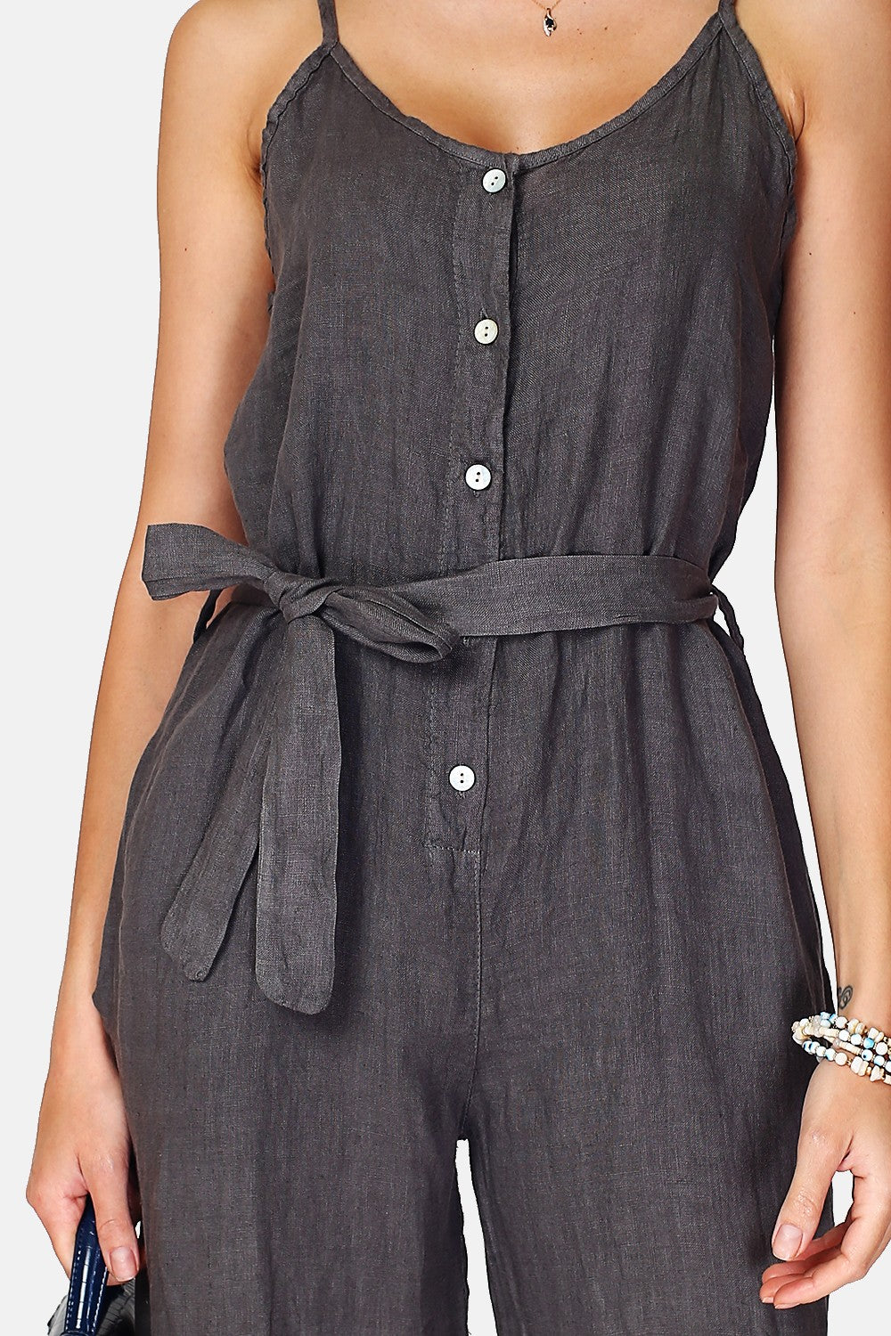 Front buttoned dungarees with belt and side pockets