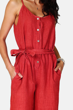 Front buttoned dungarees with belt and side pockets