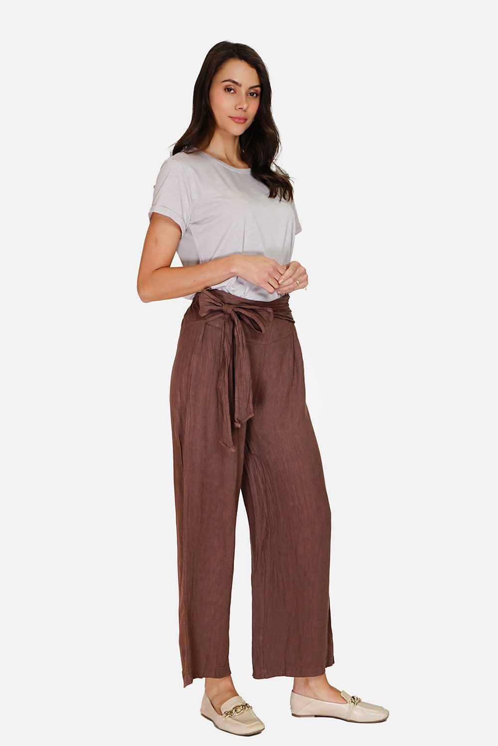 High-waisted wide-leg pants with front knot belt